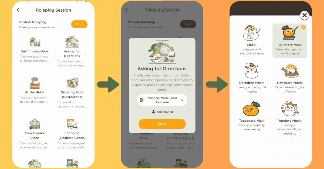 Japanese speaking practice app roleplay session interface showing topics, and character selection to practice real-life Japanese conversations.