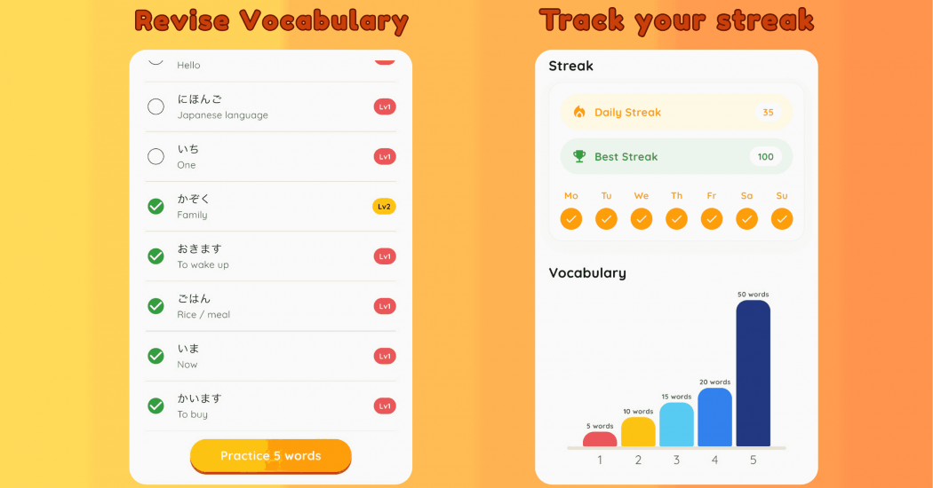 Japanese language learning app vocabulary revision screen showing saved words, daily practice progress, and streak tracking to build consistent Japanese study habits.