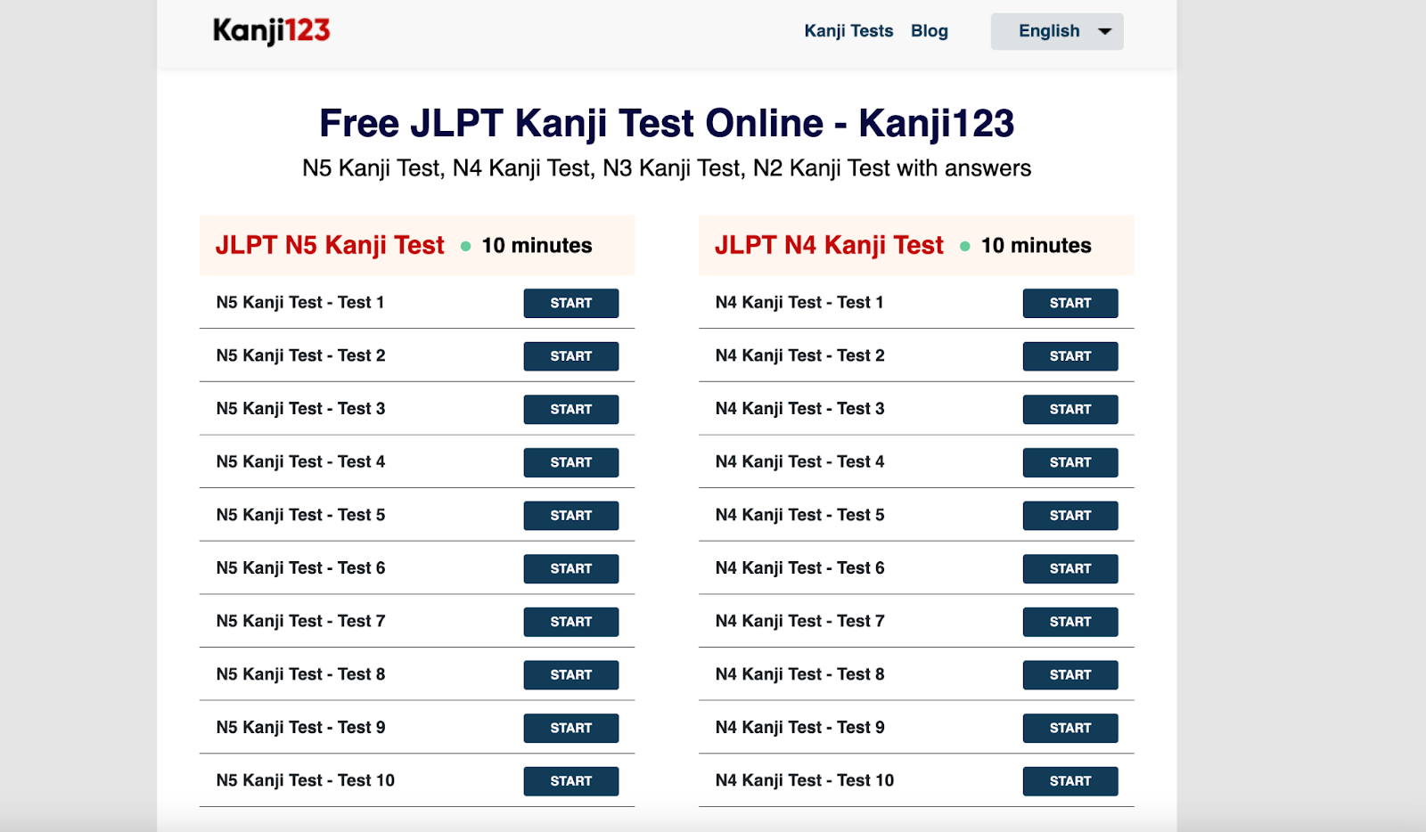 Kanji123.org (Quick JLPT Kanji Tests)